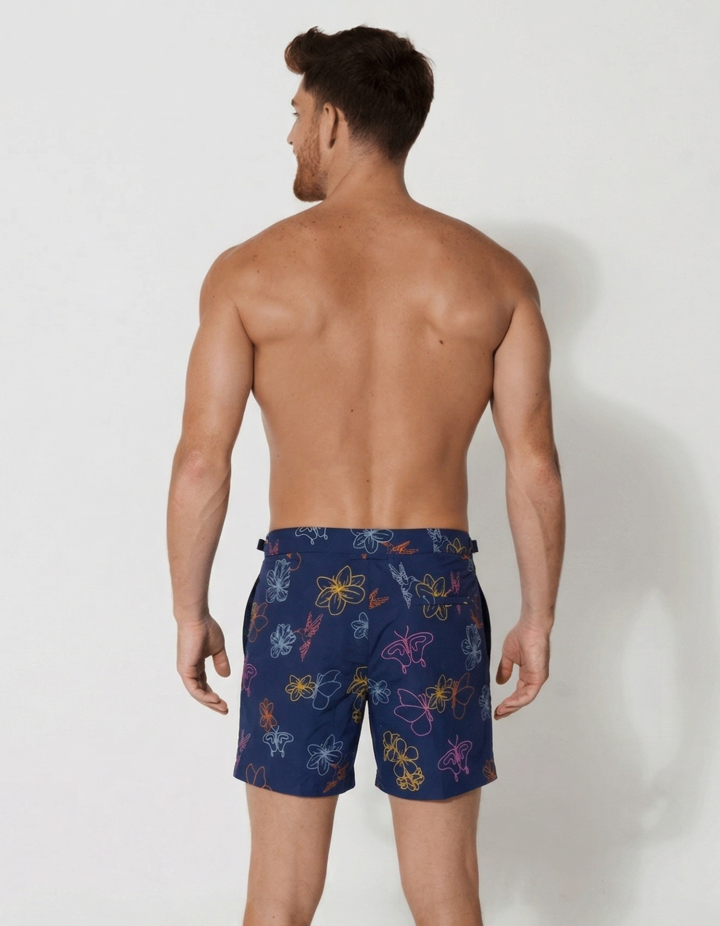 Embroidered Honolulu Mens Tailored Swim Shorts, back view. Embroidered mens swim shorts.