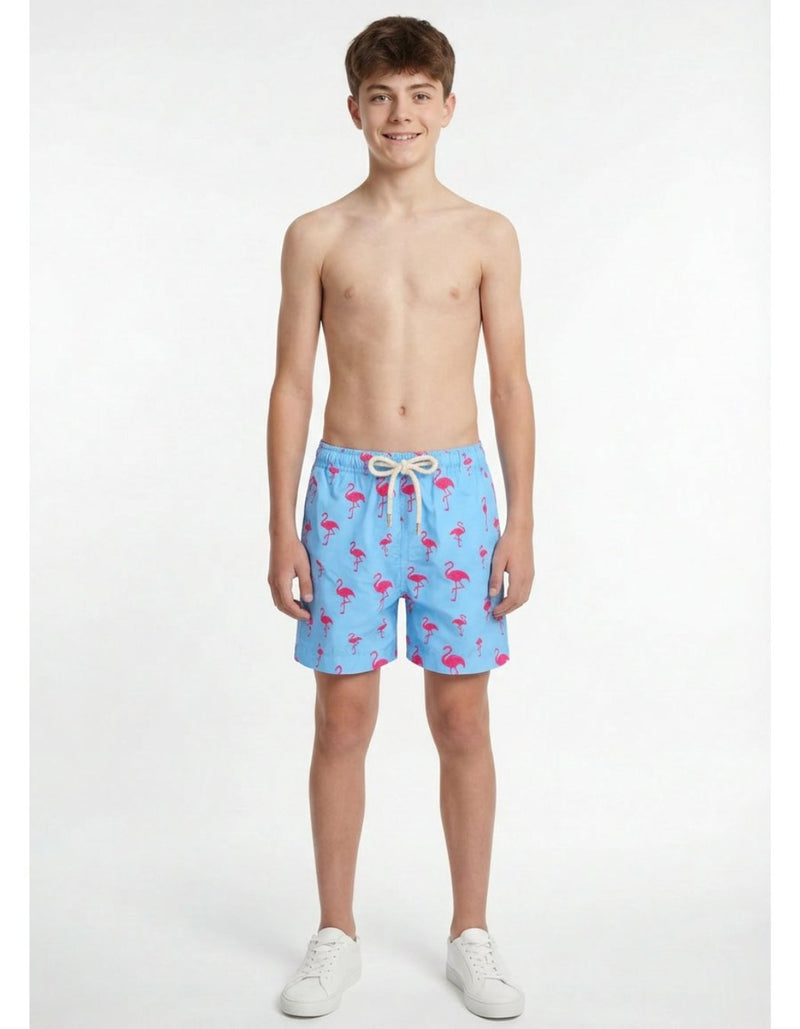 Sam wearing Embroidered Pink Flamingo Boys Swim Shorts, size Age 13