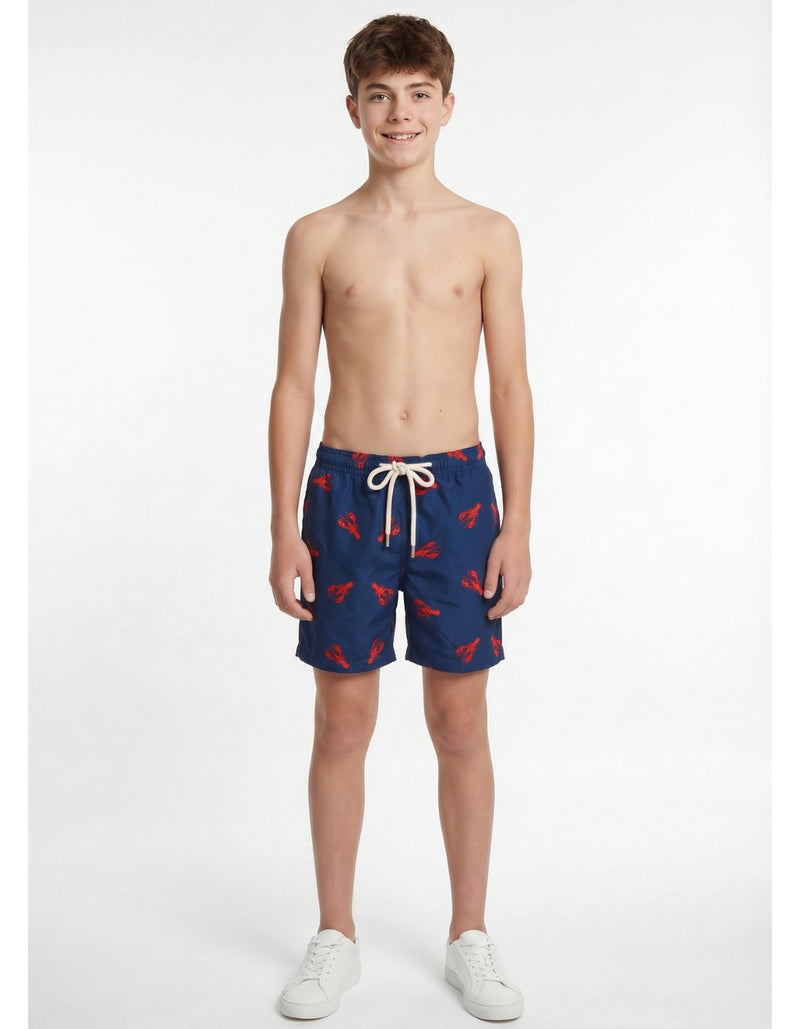 Sam wearing Embroidered Red Lobster Boys Swim Shorts, size Age 13