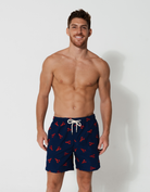 Embroidered Red Lobster Mens Swim Shorts, front view. Embroidered mens swim shorts.
