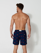 Embroidered Red Lobster Mens Swim Shorts, print detail. Embroidered mens swim shorts.