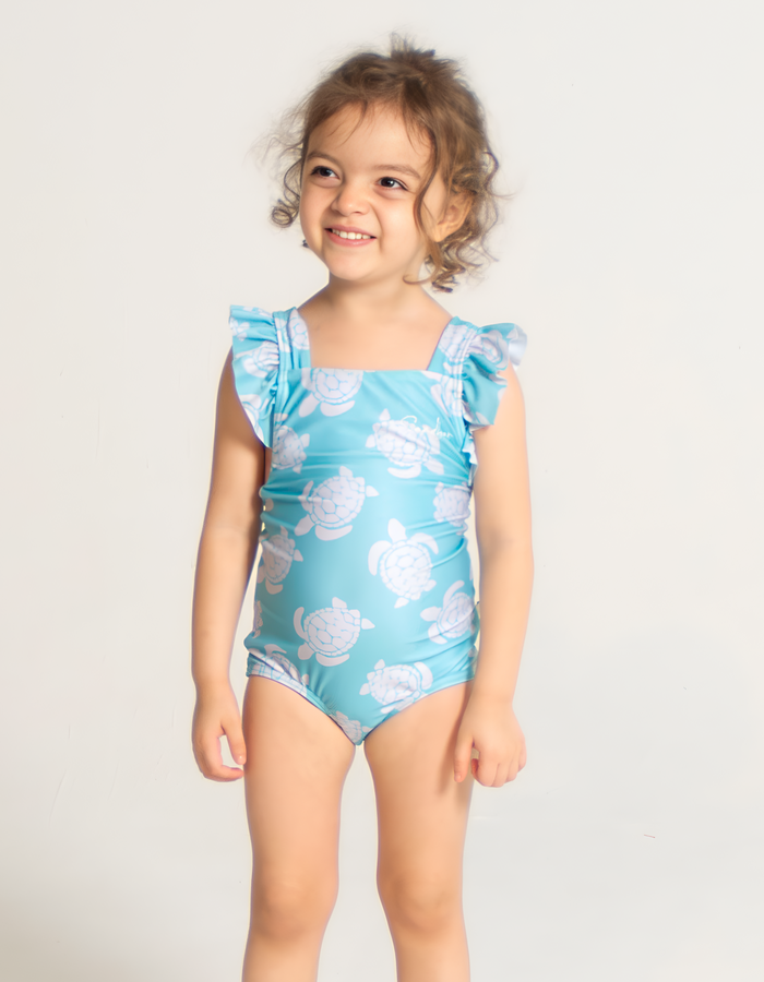 Maldives Blue Turtle Girls Ruffle Swimsuit