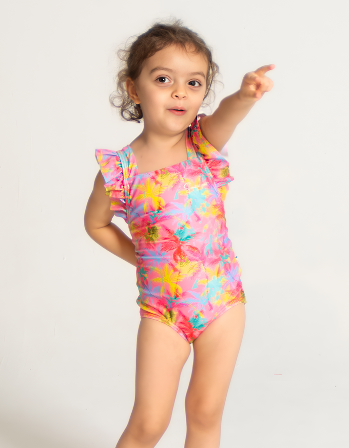 Pink Palm Girls Ruffle Swimsuit