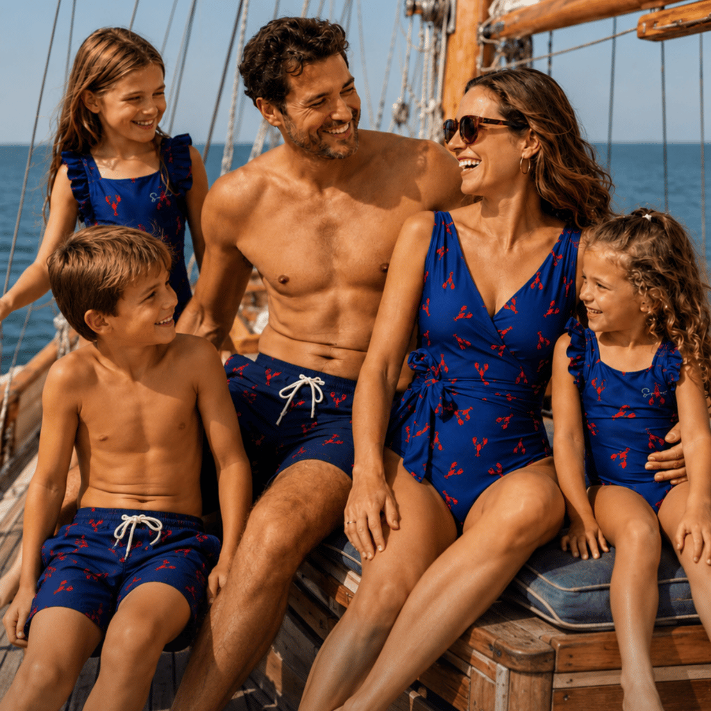 A family of five wearing matching blue swimwear and swimsuits with a red abstract pattern, posing together on the deck of a sailing ship with the ocean in the background.