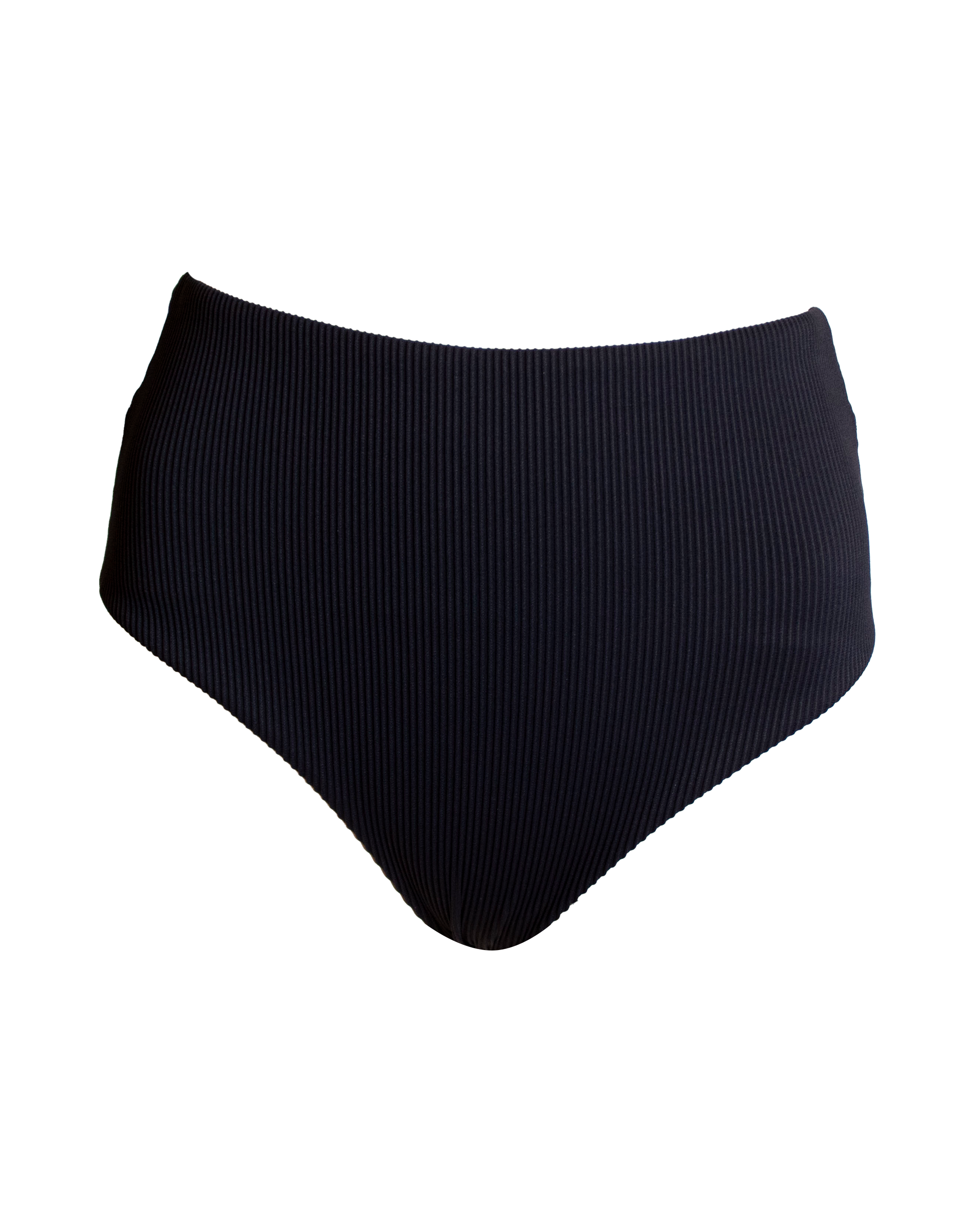 High Waist Black Womens Ribbed Bikini Bottoms, front view. Sustainable womens swimwear.