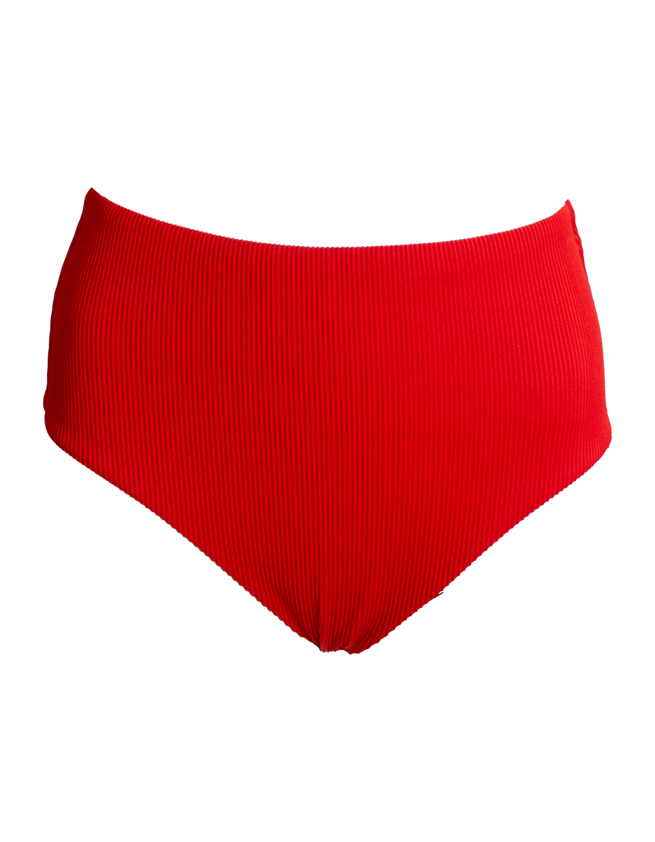 High Waist Lipstick Red Womens Ribbed Bikini Bottoms, front view. Sustainable womens swimwear.