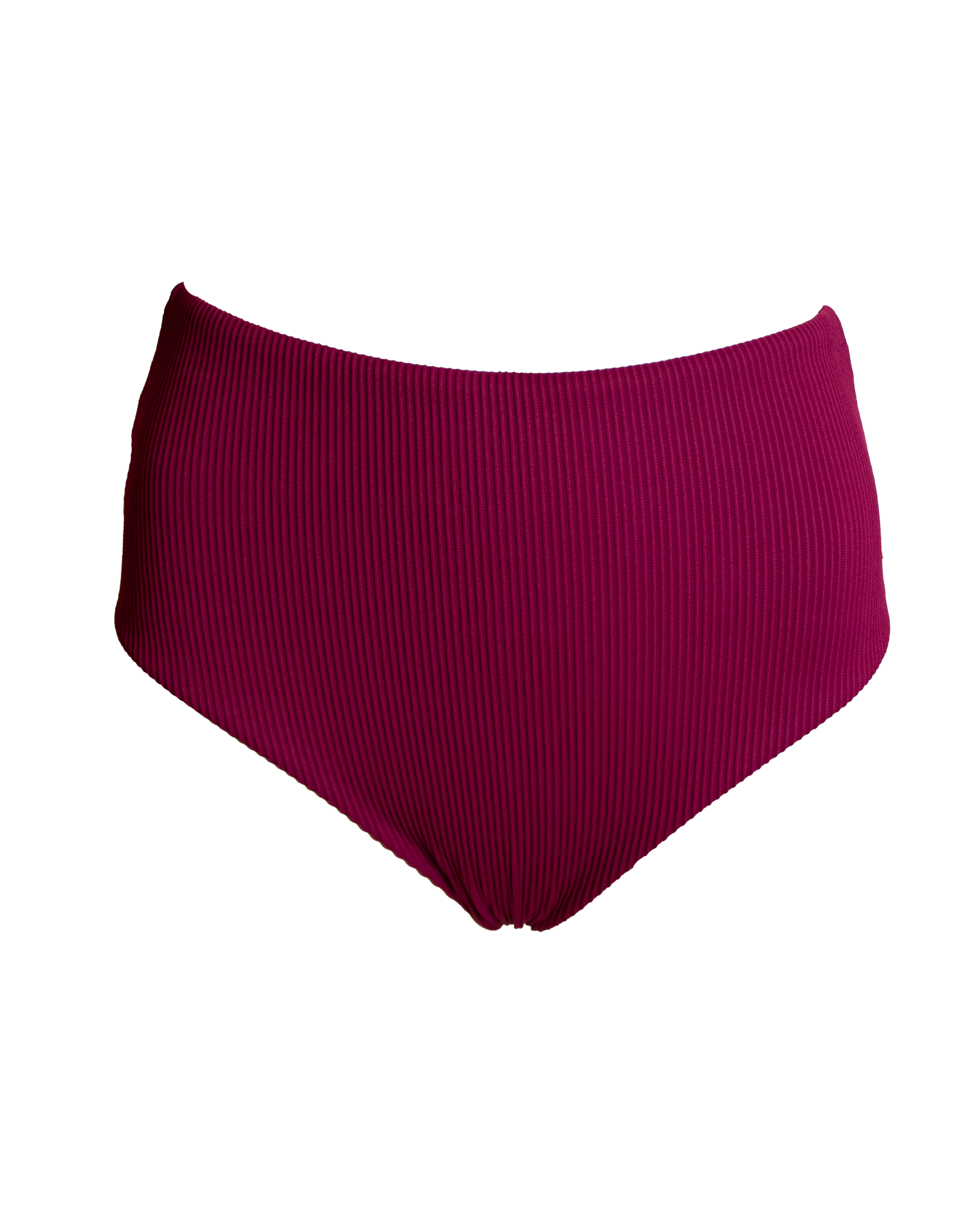 High Waist Plum Womens Ribbed Bikini Bottoms, front view. Sustainable womens swimwear.