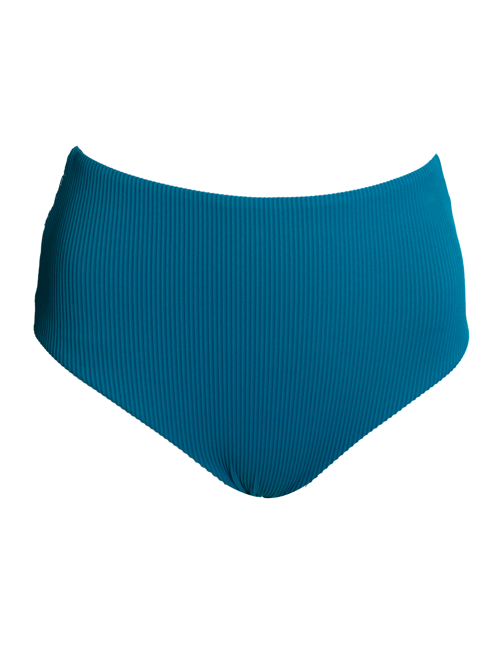 High Waist Teal Womens Ribbed Bikini Bottoms, front view. Sustainable womens swimwear.