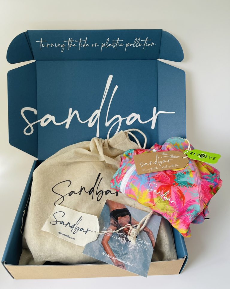 Sandbar plastic-free packaging: recycled card box, organic cotton bag and sugar cane card