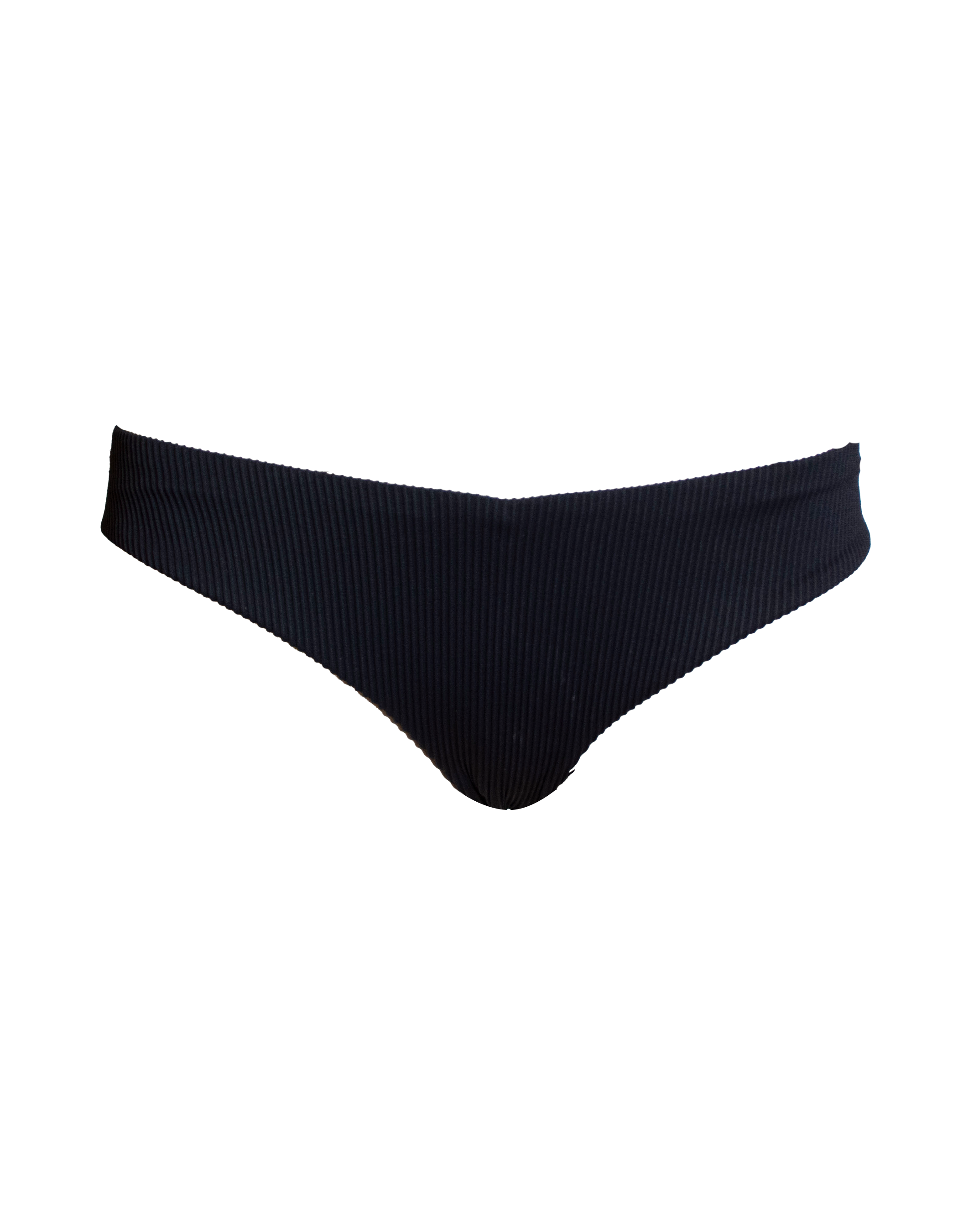 Low Waist Black Womens Ribbed Bikini Bottoms, front view. Sustainable womens swimwear.
