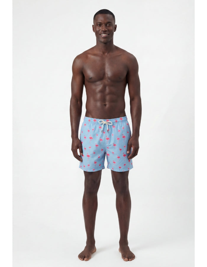 Marcus wearing Embroidered Pink Flamingo Mens Swim Shorts, size 30" - S