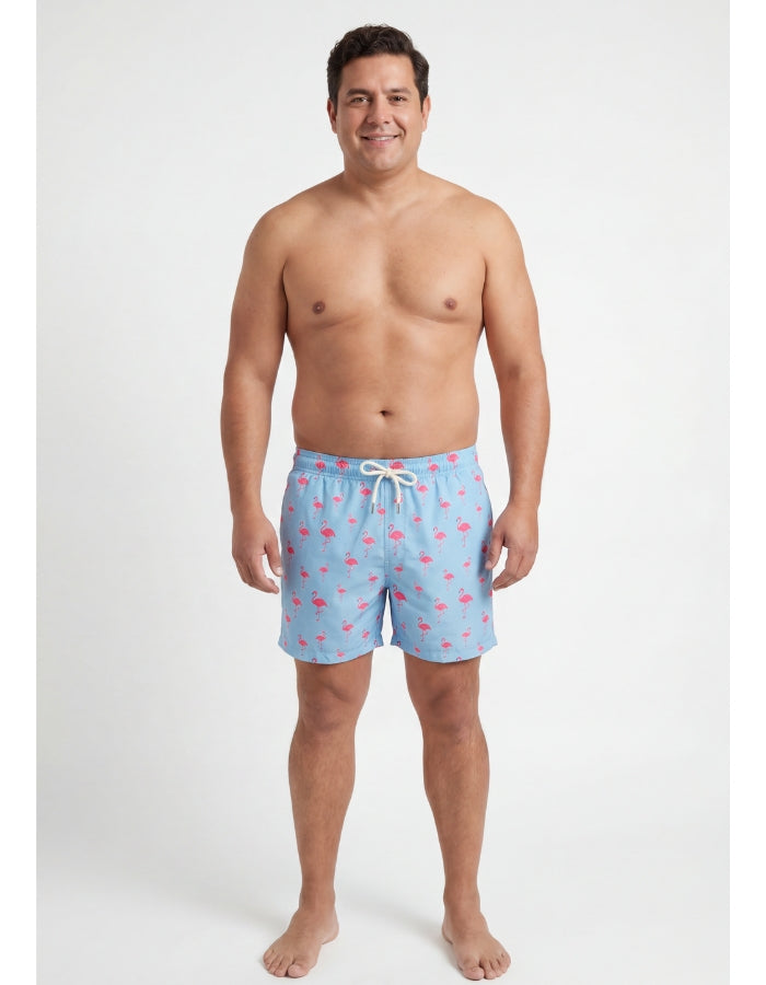 Jamie wearing Embroidered Pink Flamingo Mens Swim Shorts, size 37" - XL
