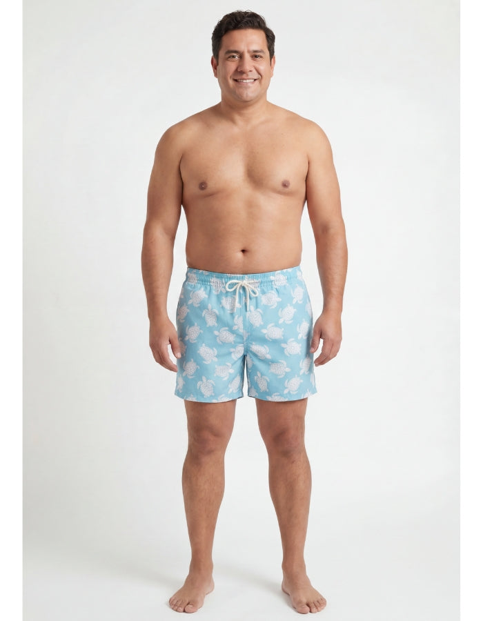 Jamie wearing Maldives Blue Turtle Mens Swim Shorts, size 37 - XL