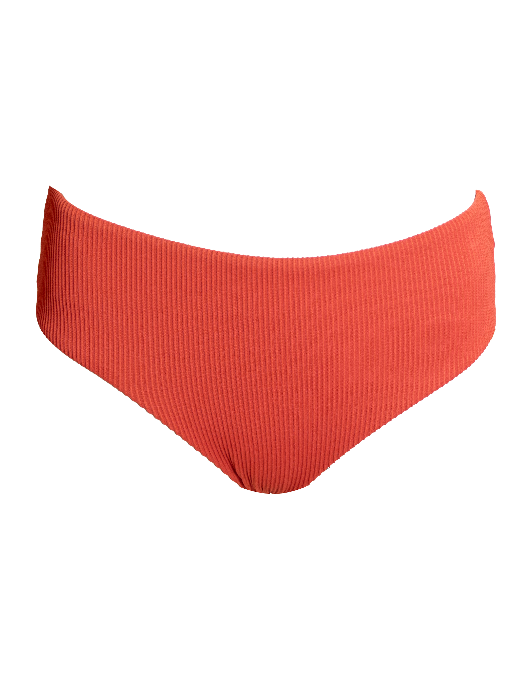Mid Waist Coral Womens Ribbed Bikini Bottoms, front view. Sustainable womens swimwear.
