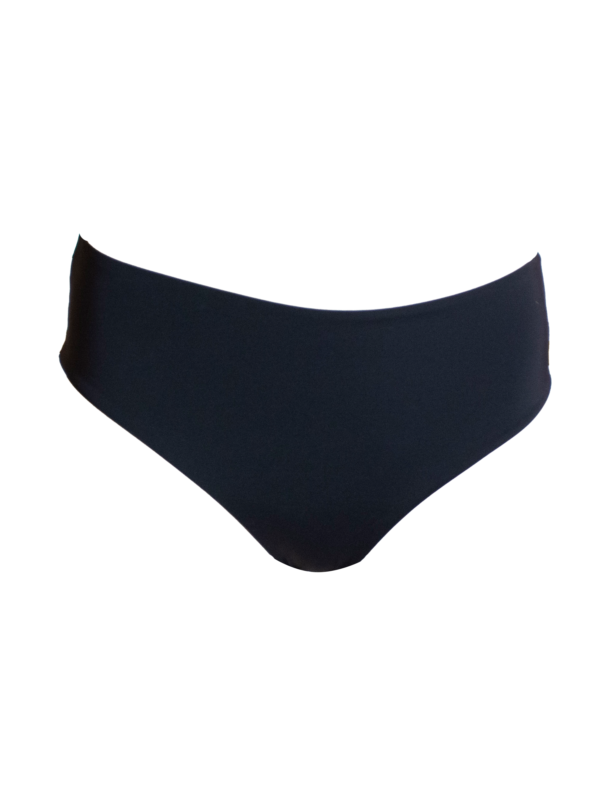 Mid Waist Black Womens Bikini Bottoms, front view. Sustainable womens swimwear.