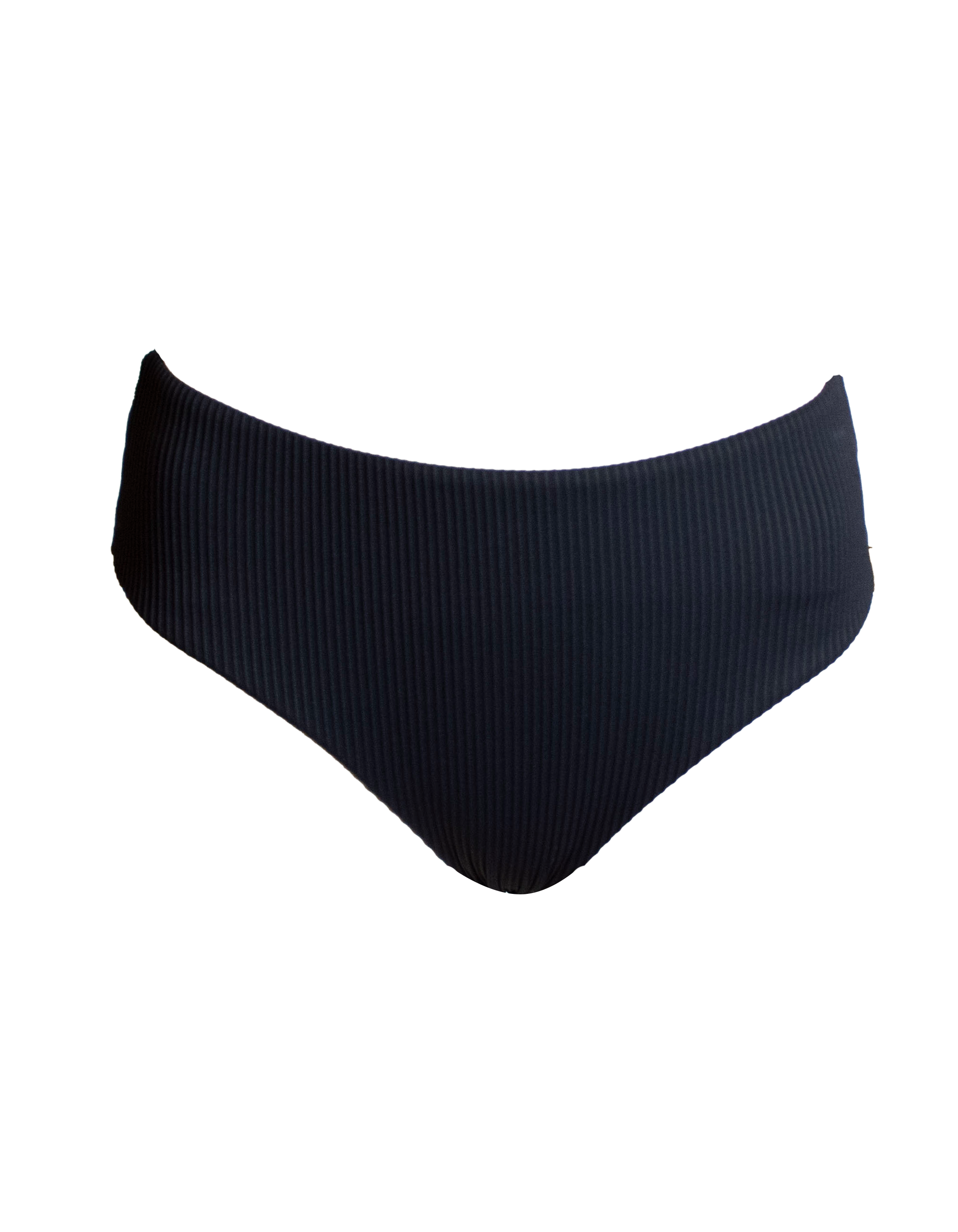 Mid Waist Black Womens Ribbed Bikini Bottoms, front view. Sustainable womens swimwear.
