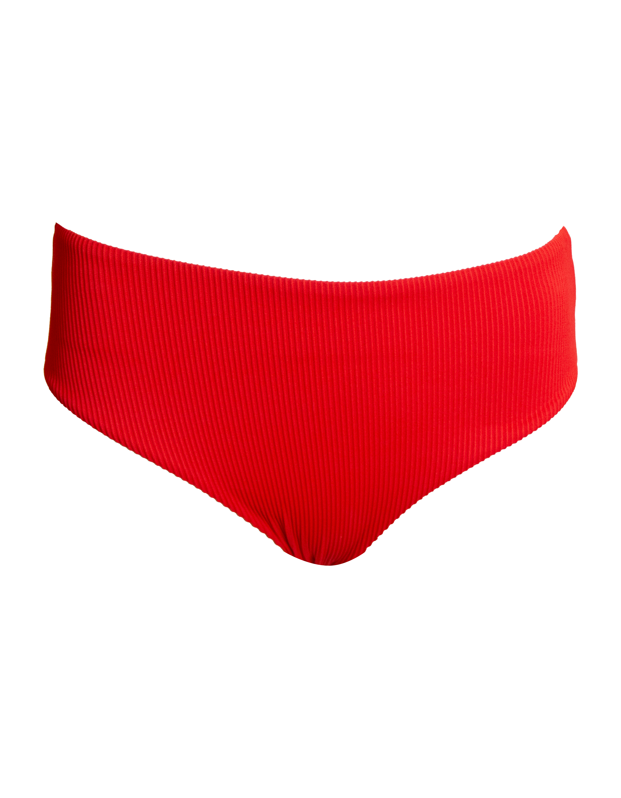 Mid Waist Lipstick Red Womens Ribbed Bikini Bottoms, front view. Sustainable womens swimwear.