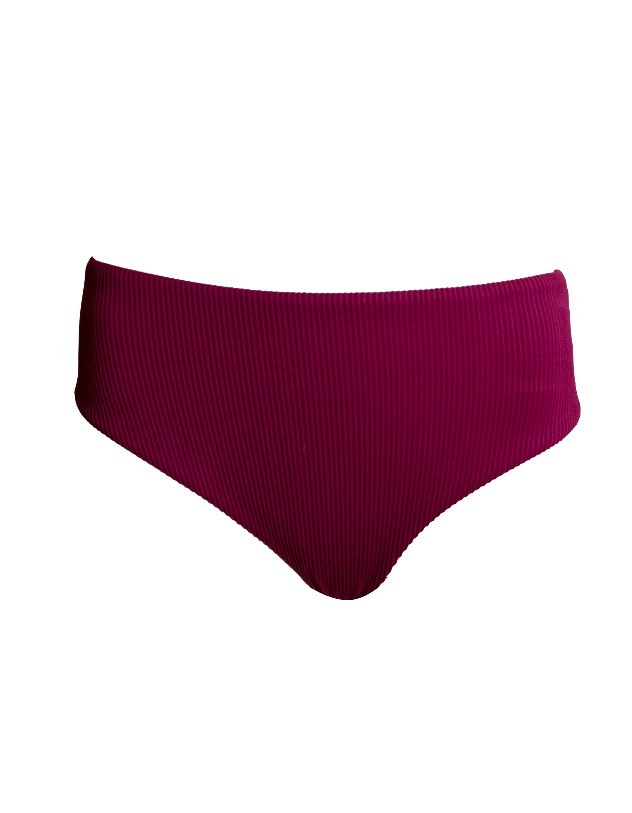 Mid Waist Plum Womens Ribbed Bikini Bottoms, front view. Sustainable womens swimwear.