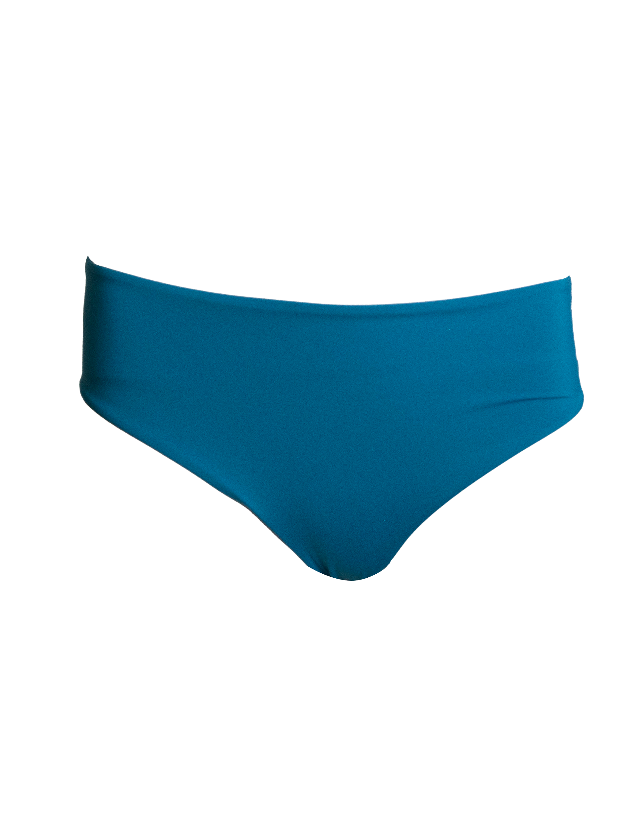 Mid Waist Teal Womens Bikini Bottoms, front view. Sustainable womens swimwear.