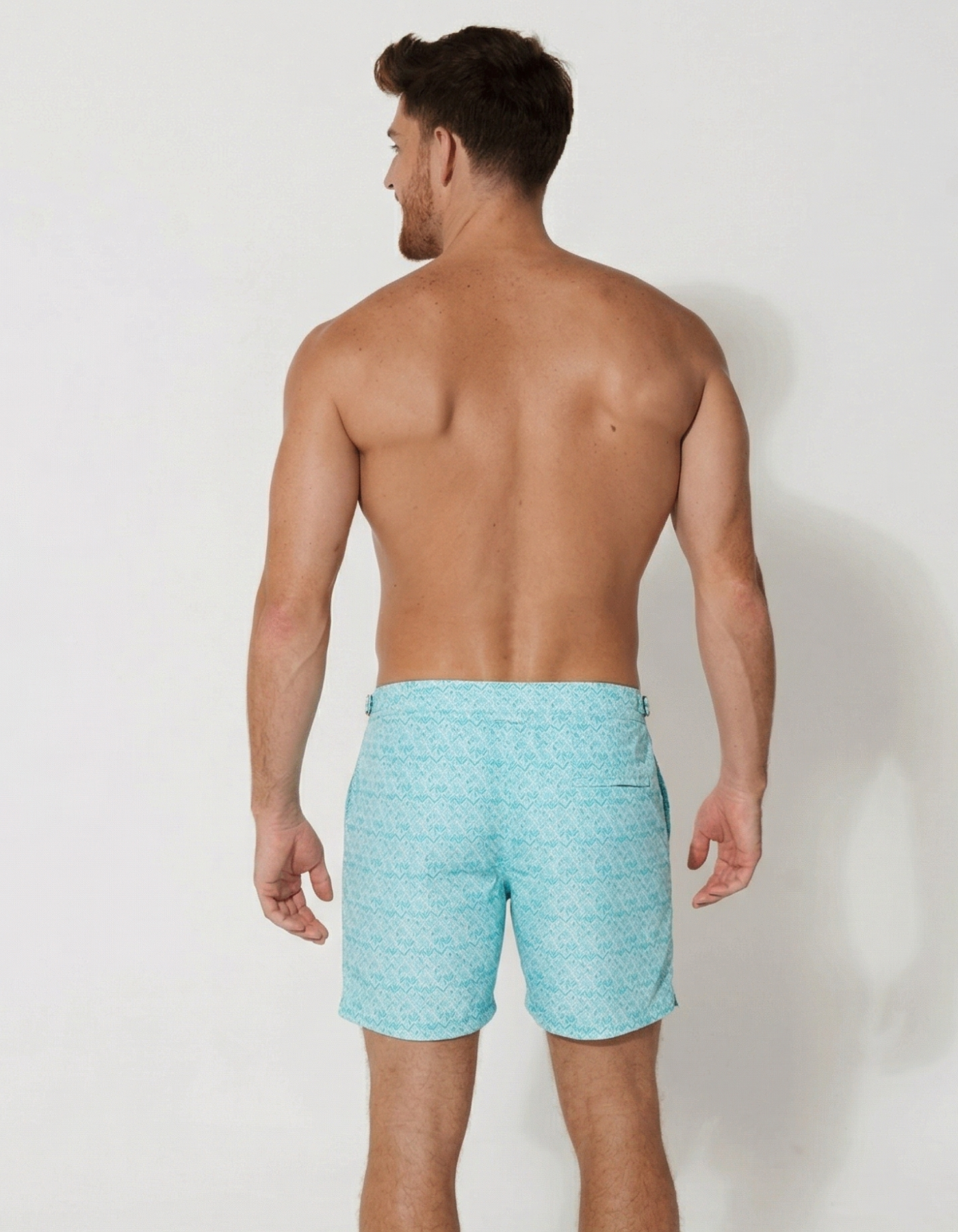 Ocean Fern Mens Tailored Swim Shorts, back view. Tailored mens swim shorts.