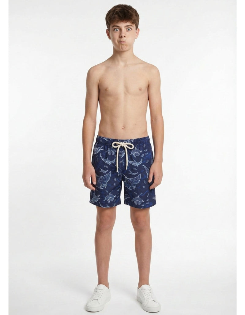 Sam wearing Ocean Manta Boys Swim Shorts, size Age 13