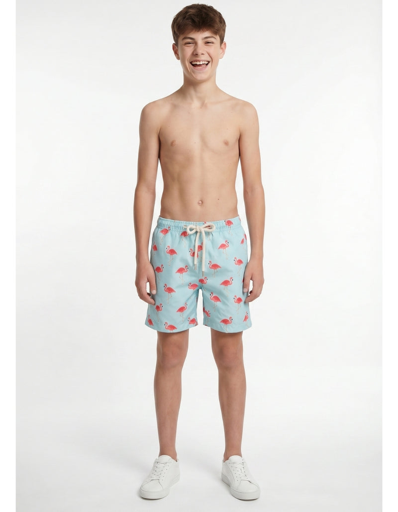 Sam wearing Flamingo Boys Swim Shorts, size Age 13