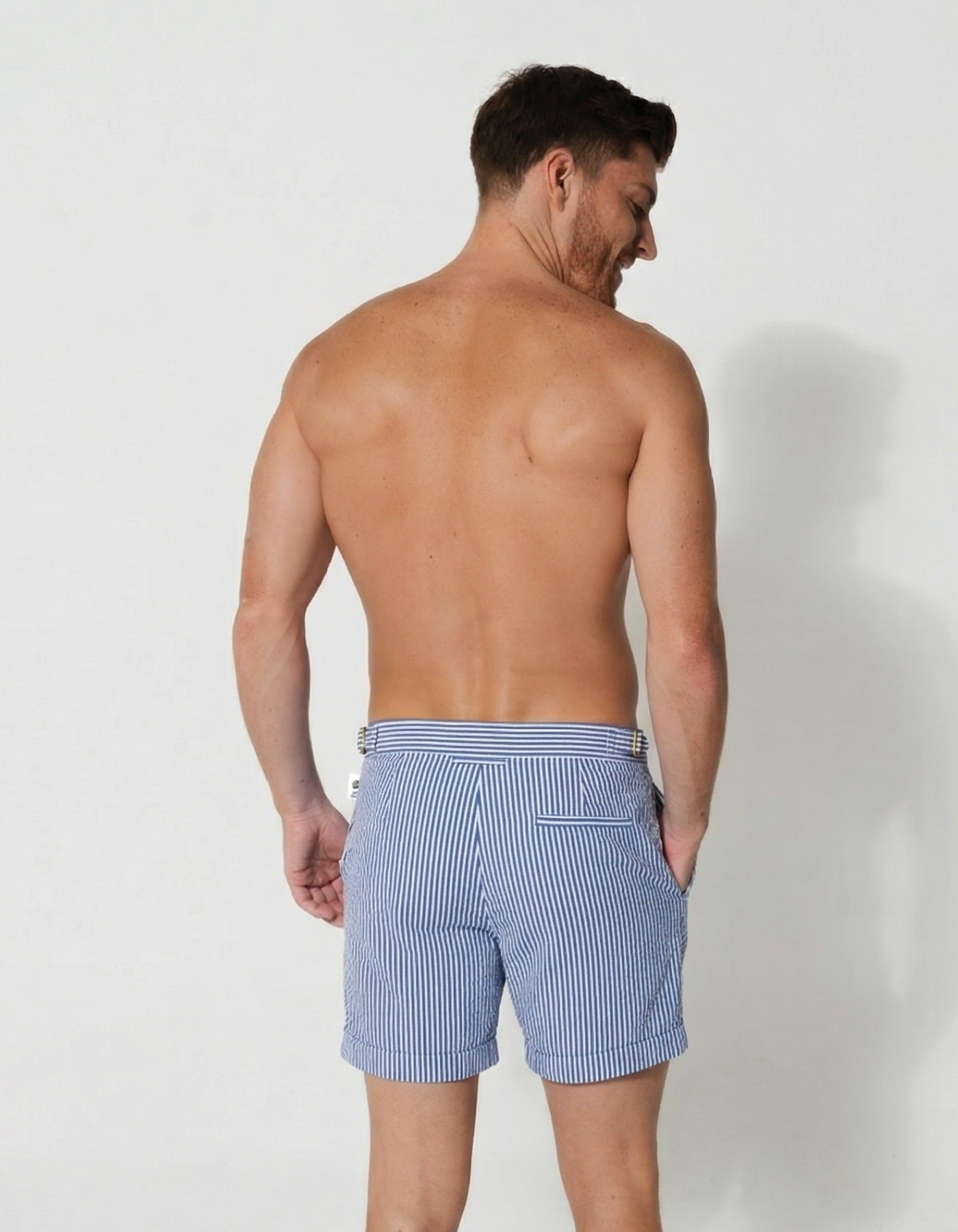 Riviera Stripes Mens Tailored Swim Shorts, back view. Tailored mens swim shorts.