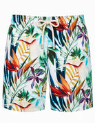 Bird of Paradise Mens Swim Shorts, front view. Sustainable mens swimwear Ghost mannequin