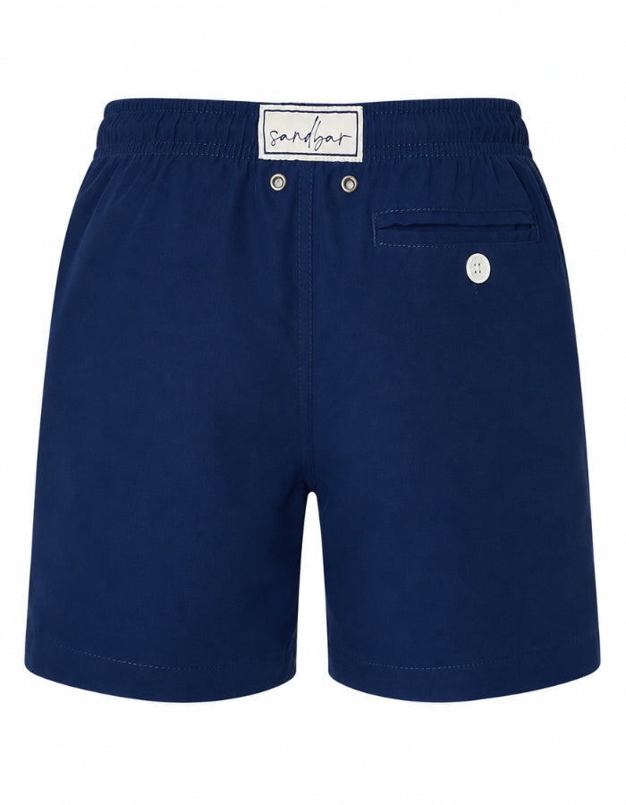 Deep Blue Boys Swim Shorts, back view. Sustainable boys swimwear.