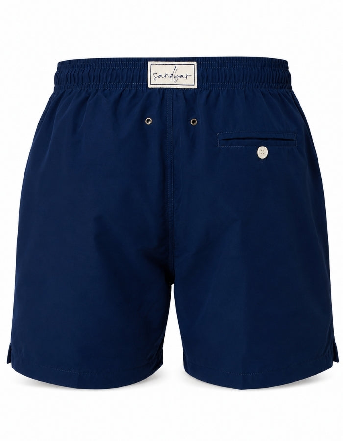Sandbar Sustainable Swim Shorts Ghost Mannequin back view Deep blue