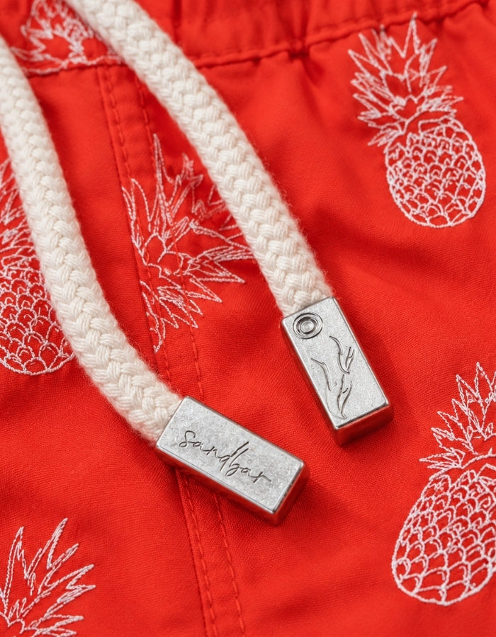 Sandbar embroidered Pineapple Mens Swim Shorts, metal string end cap detail.