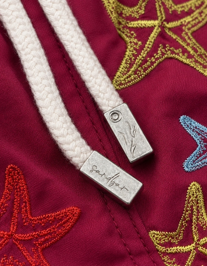 Sandbar Swimwear embroidered starfish mens swim shorts metal string end detail