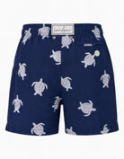 Embroidered Turtle Boys Swim Shorts, back view. Embroidered kids swim shorts ghost mannequin