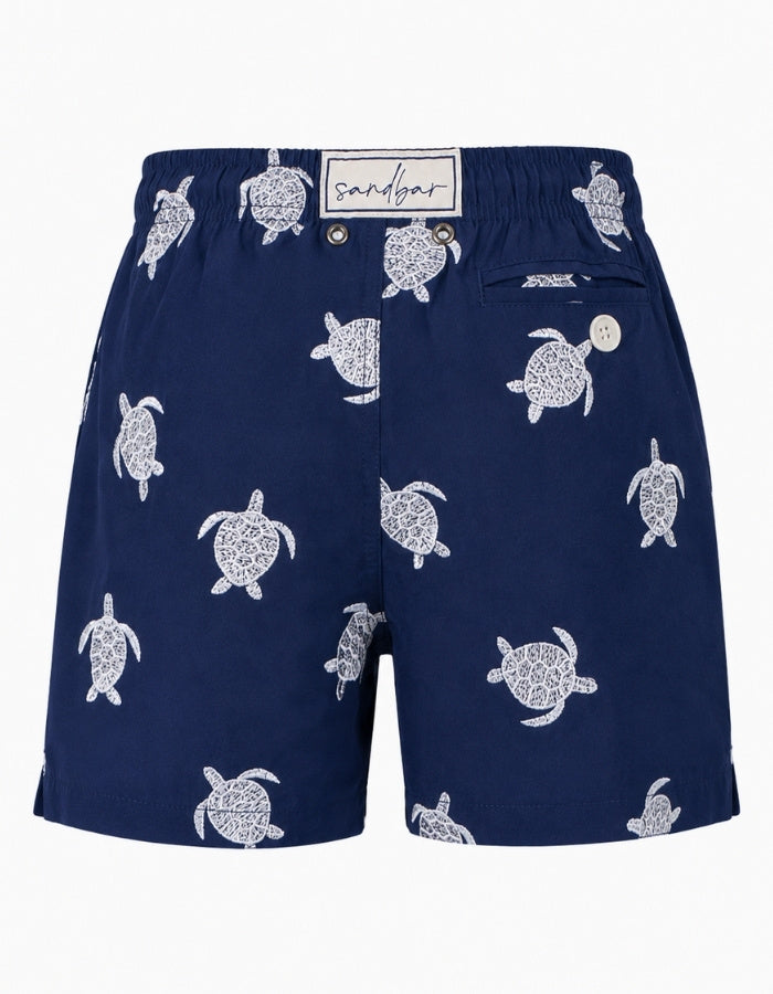 Embroidered Turtle Boys Swim Shorts, back view. Embroidered kids swim shorts ghost mannequin