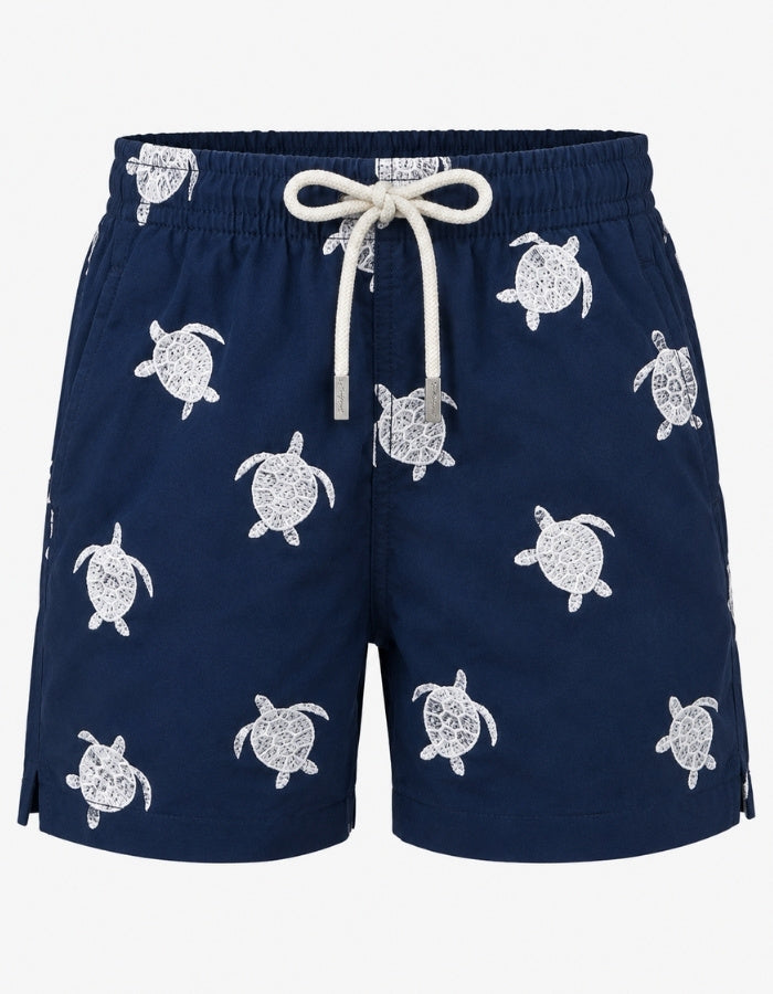 Embroidered Turtle Boys Swim Shorts, front view. Embroidered kids swim shorts ghost mannequin