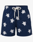 Embroidered Turtle Boys Swim Shorts, front view. Embroidered kids swim shorts ghost mannequin