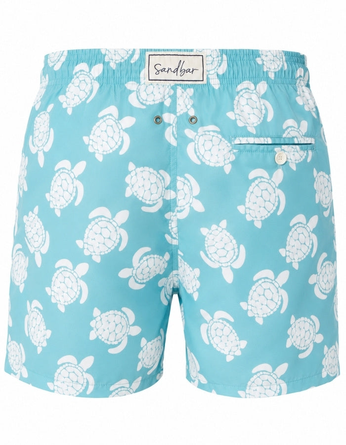 Sandbar Sustainable Mens Swim Shorts Ghost Mannequin back view maldives blue turtle