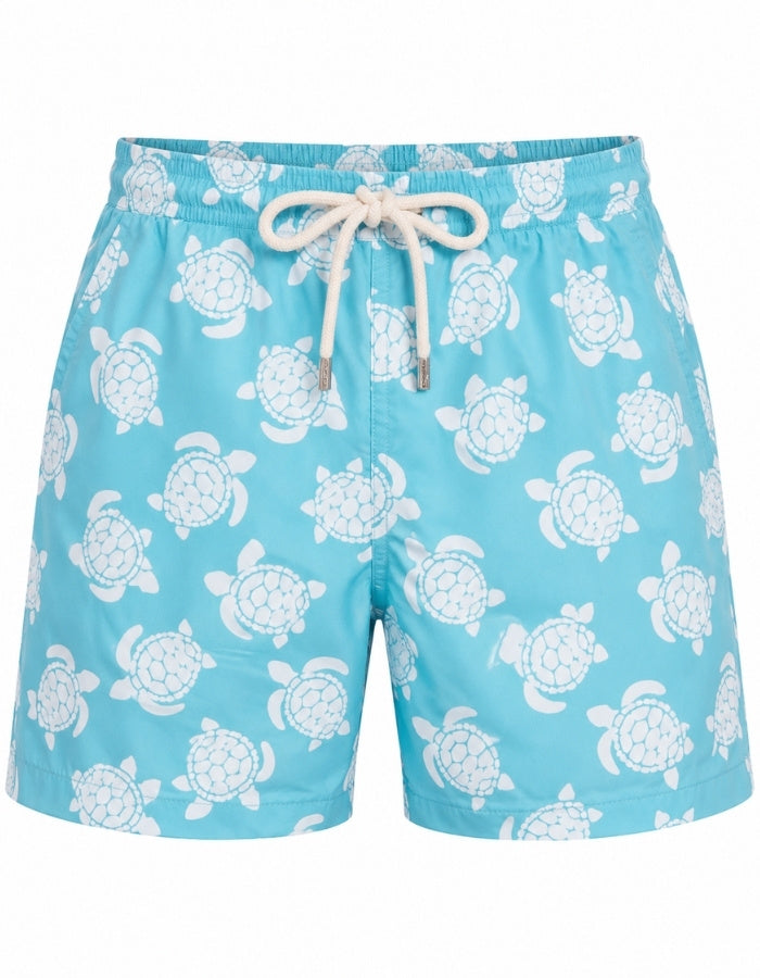 Sandbar Sustainable Swim Shorts Ghost Mannequin front view maldives blue turtle