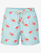 Flamingo Boys Swim Shorts, front view. Sustainable boys swimwear ghost mannequin