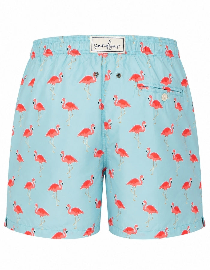 Sandbar Sustainable Mens Swim Shorts Ghost Mannequin back view pink flamingo