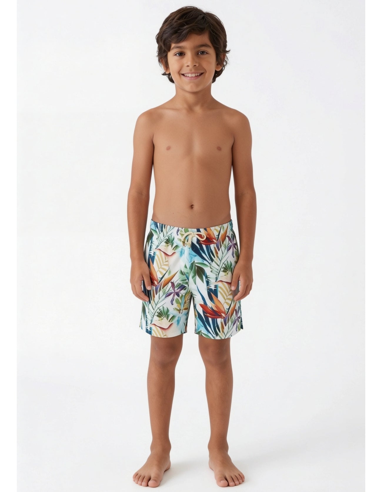 boys swim shorts sustainable shorts for all ages, with ivory drawstring, kids tropical swimwear studio front view
