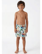 boys swim shorts sustainable shorts for all ages, with ivory drawstring, kids tropical swimwear studio front view