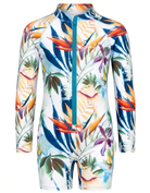 A long-sleeve one-piece swim shirt with a colorful tropical floral and leaf print, featuring a teal front zipper, shown on a plain white background.
