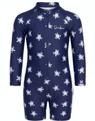 A navy blue long-sleeve baby swim coverall with a white sea turtle pattern, featuring a front zipper and a white 'Sandybar' brand logo on the chest.