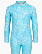 A children's full-body one-piece swimsuit or rash guard in bright turquoise blue with a white palm leaf pattern, featuring a front zipper, high collar, and short legs.