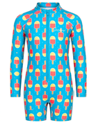 A children's full-zip one-piece swimsuit in bright blue, covered in a repeating pattern of red and yellow popsicle icons. The brand name 'Sunwar' is printed in white script on the left chest.