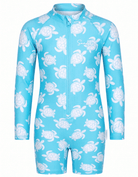 A light blue long-sleeve one-piece swimsuit with a white turtle pattern, featuring a front zipper and a small 'Sunfish' brand logo on the chest.