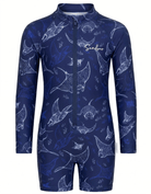 A long-sleeve one-piece swim coverall with a full front zipper and stand-up collar, featuring an all-over white line-art print of manta rays on a dark navy blue background. The brand name 'Sandys' is printed in white script on the left chest.