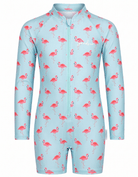 A long-sleeve, short-legged children's swim suit in light blue with a pink flamingo pattern, featuring a front zipper and a white script logo on the chest.