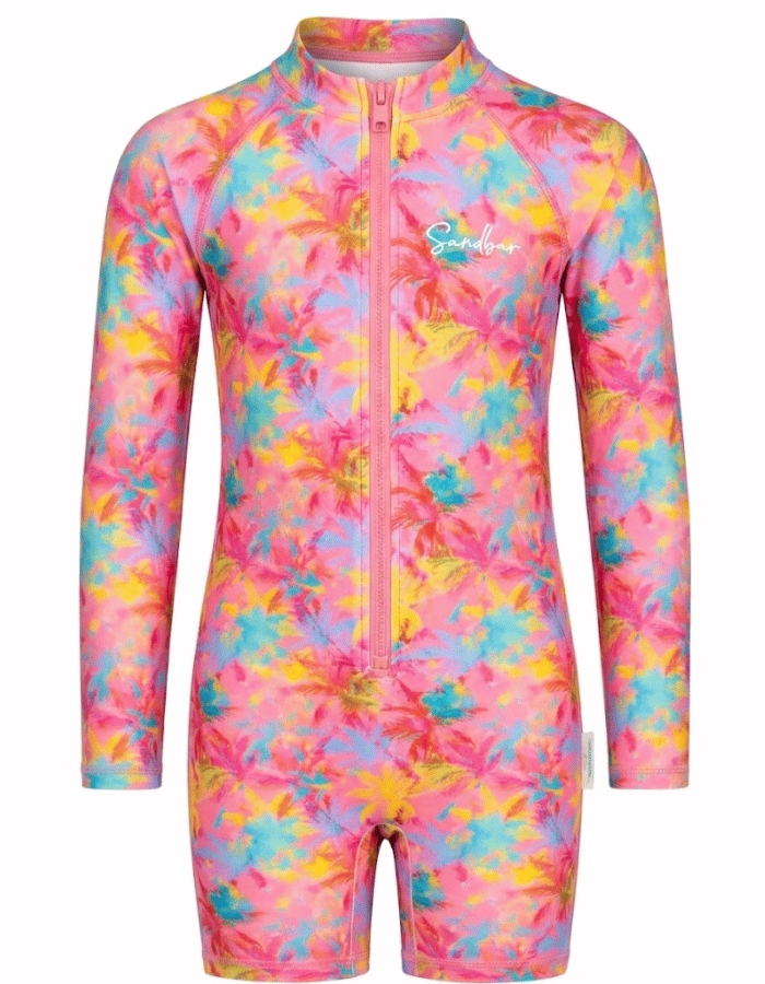 A long-sleeve, one-piece children's swim shirt with a colorful tropical floral pattern in pink, yellow, and blue, featuring a front zipper and a 'Swimbion' logo on the chest.
